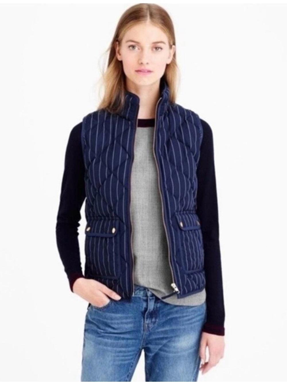J. Crew Navy & White Pinstriped Quilted Puffer Vest - Size Small